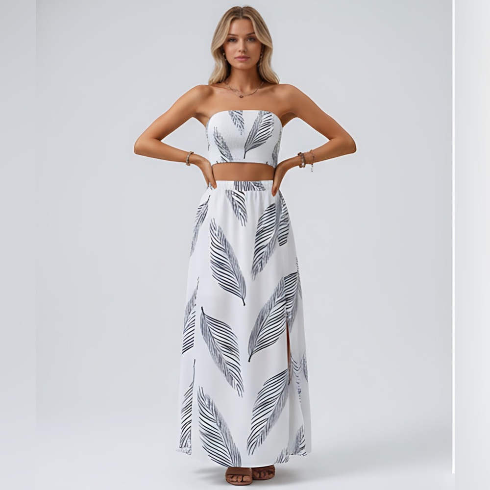 Boho White Tropical Print Tube Top & Split Thigh Skirt*